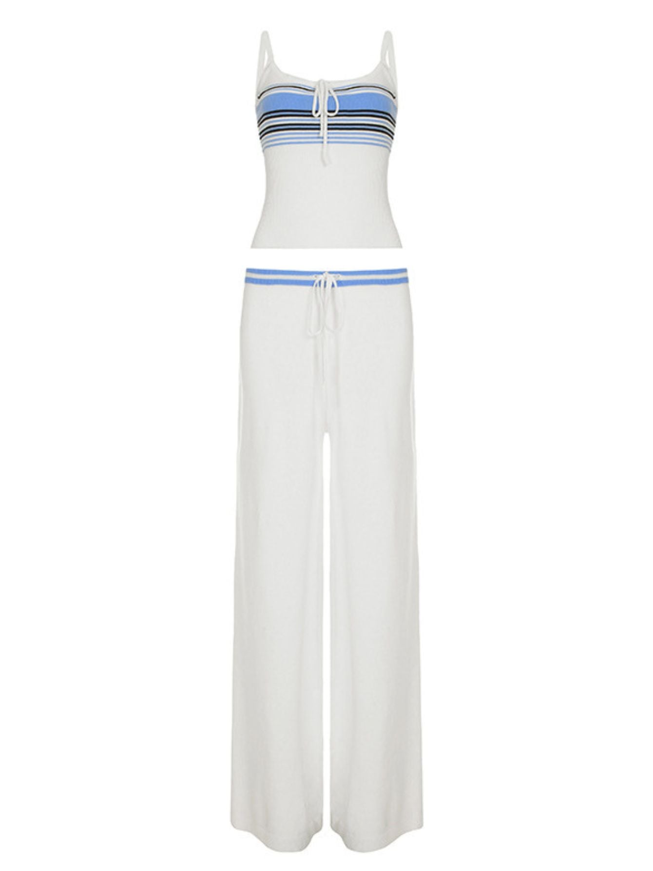 Striped Color-Block Tie-Front Knit Set | Cropped Cami Top + Low-Waist Wide-Leg Pants