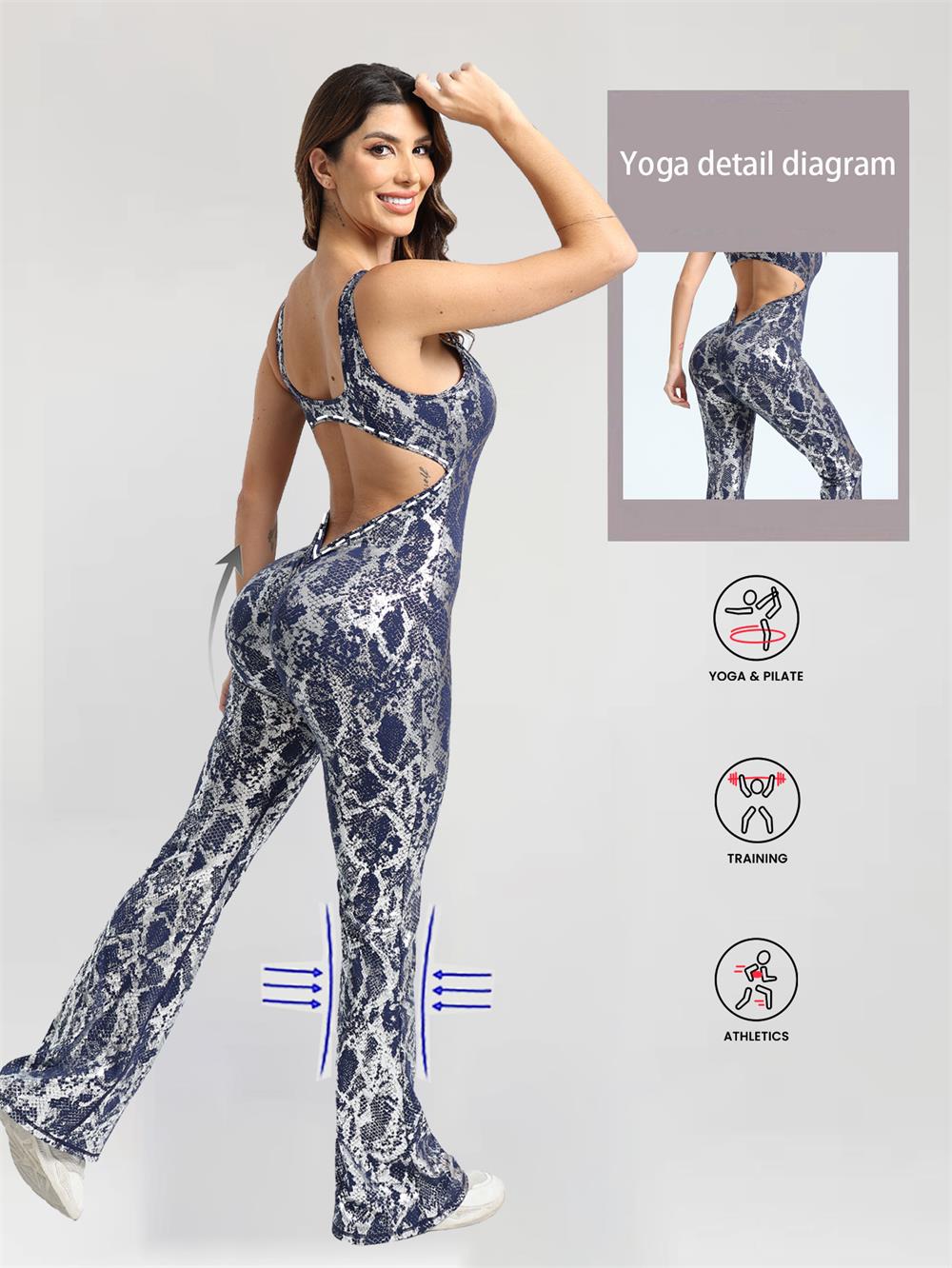 Blue Floral Backless Yoga Jumpsuit