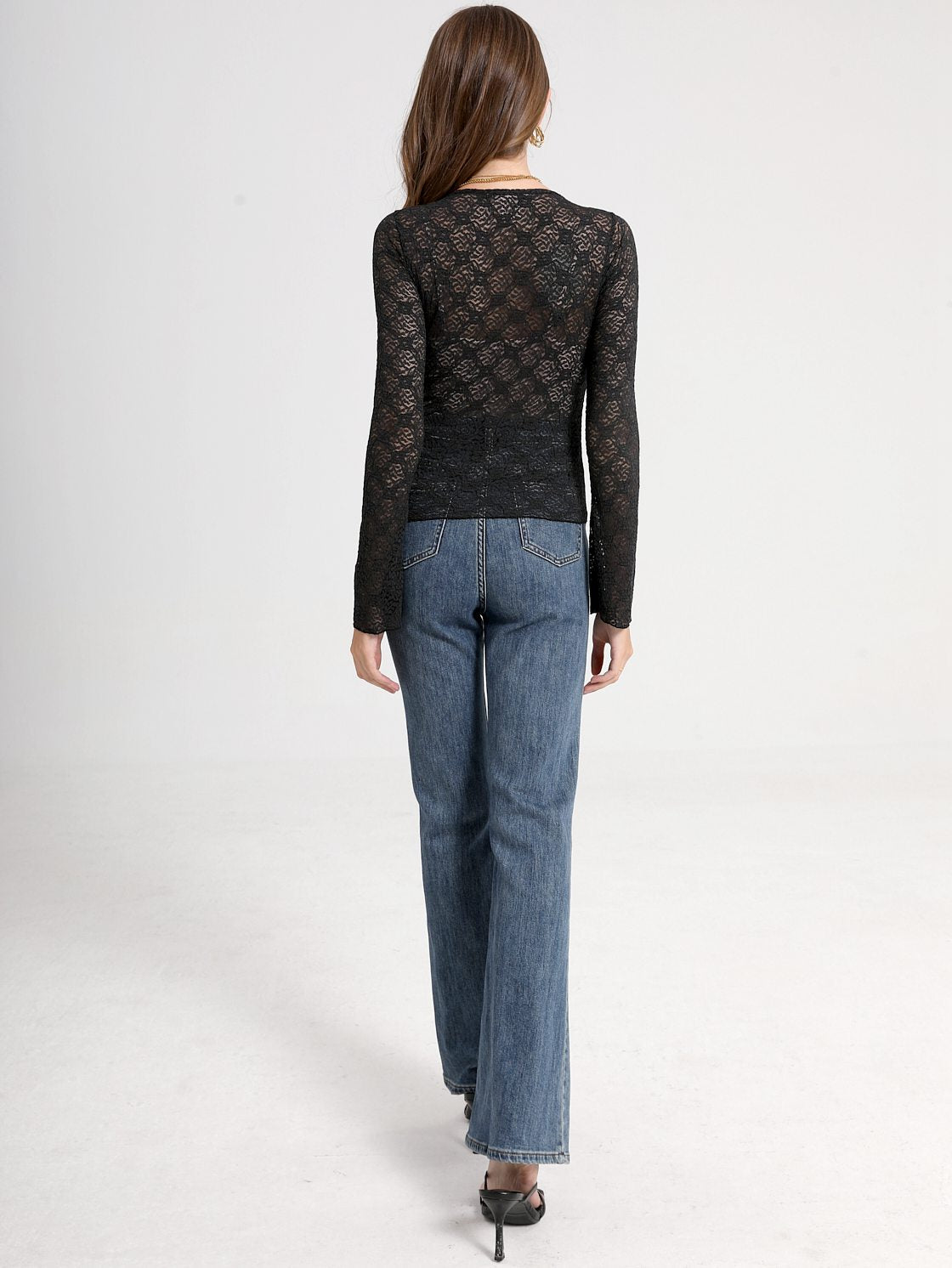 Long Sleeve Lace Floral Semi-Sheer Top