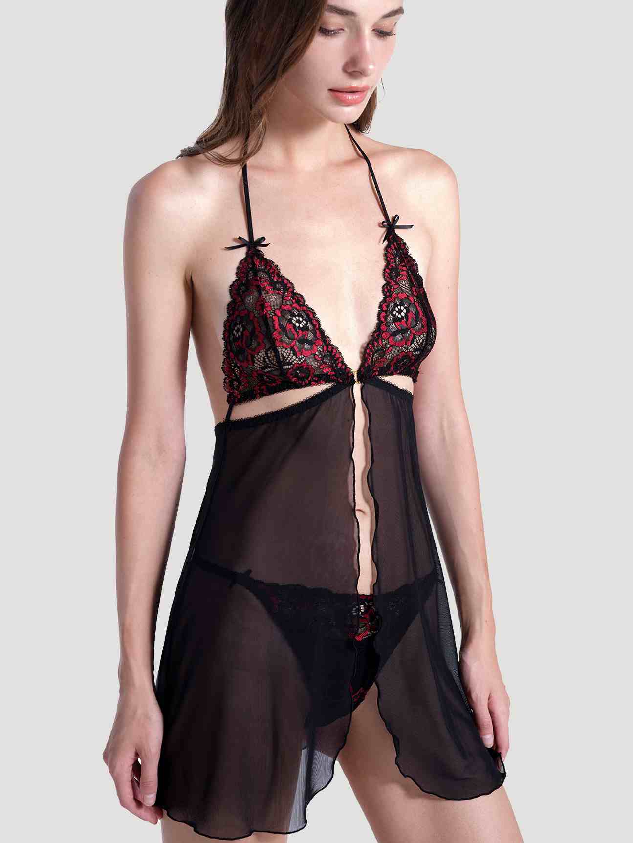 Sexy Sheer Babydoll with Cutout Front and Two-Toned Lace Cups