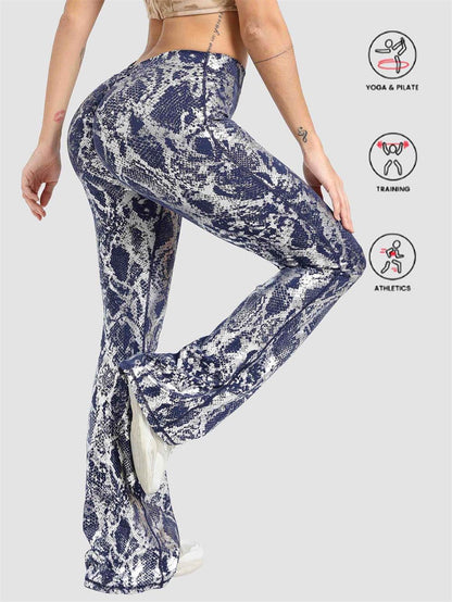side view of womens flare gym leggings