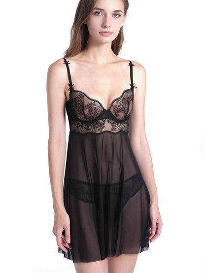 Elegant black floral lace babydoll dress with sheer mesh details