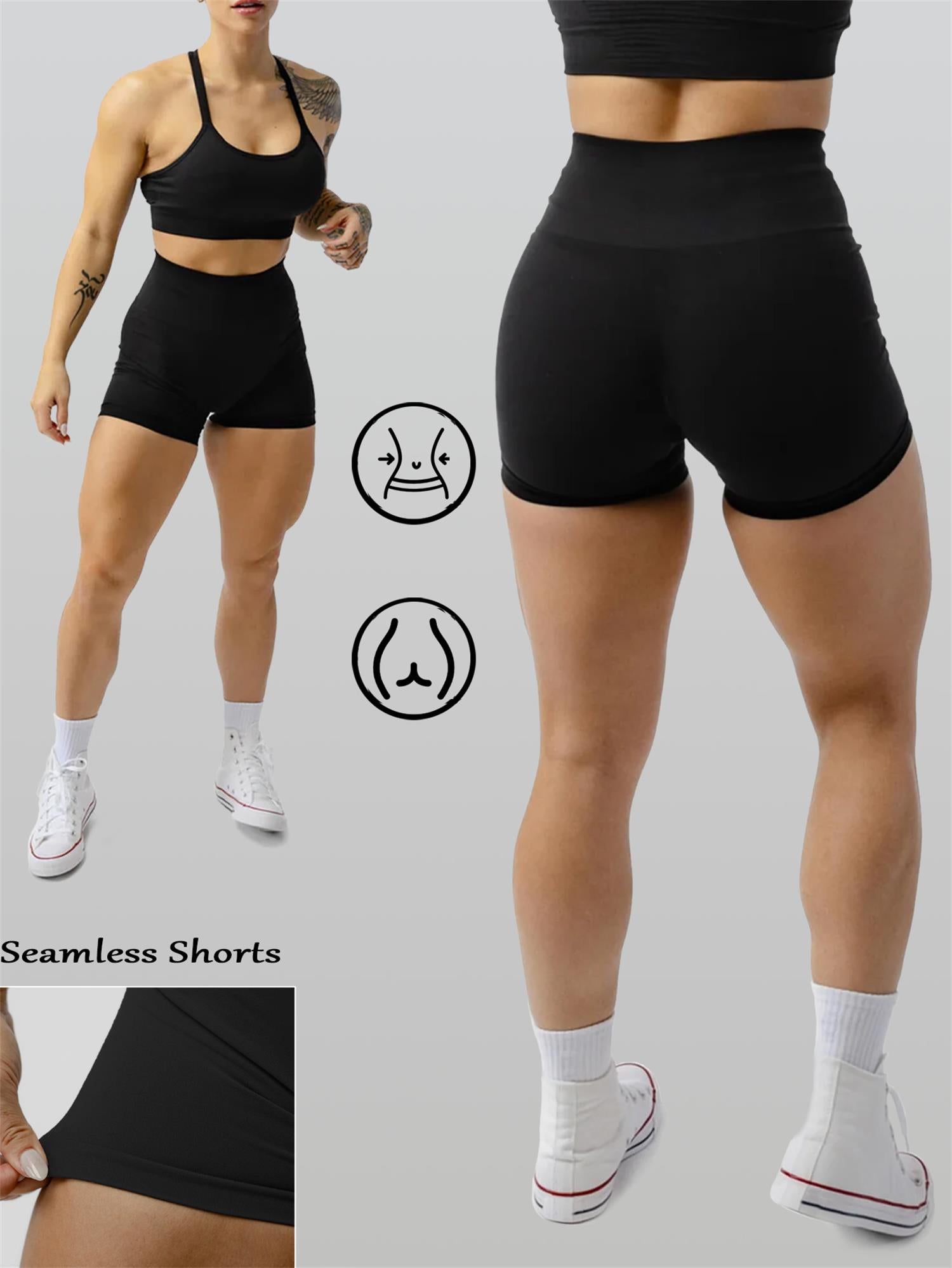 high-waisted seamless workout shorts – front and back view
