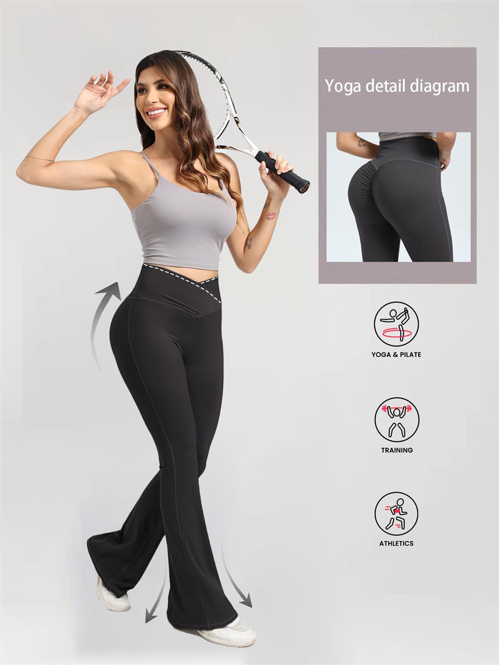 Woman wearing high-waisted flared leggings with scrunch back