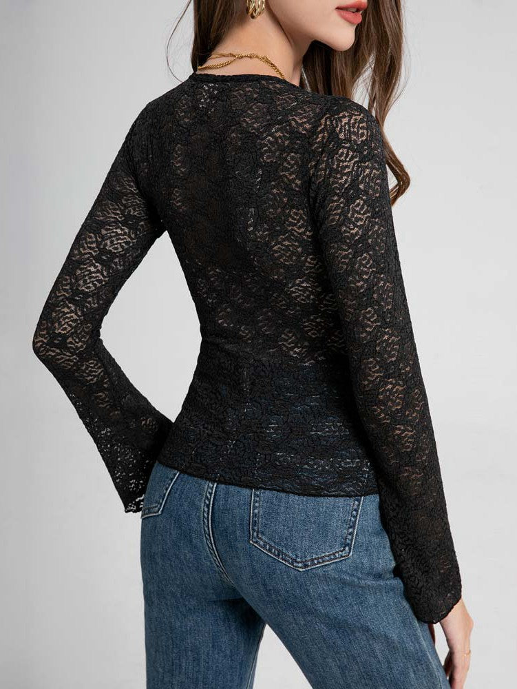 Long Sleeve Lace Floral Semi-Sheer Top