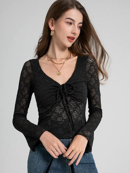 Coquette Lace Floral Semi-Sheer Long Sleeve Top with Bowknot