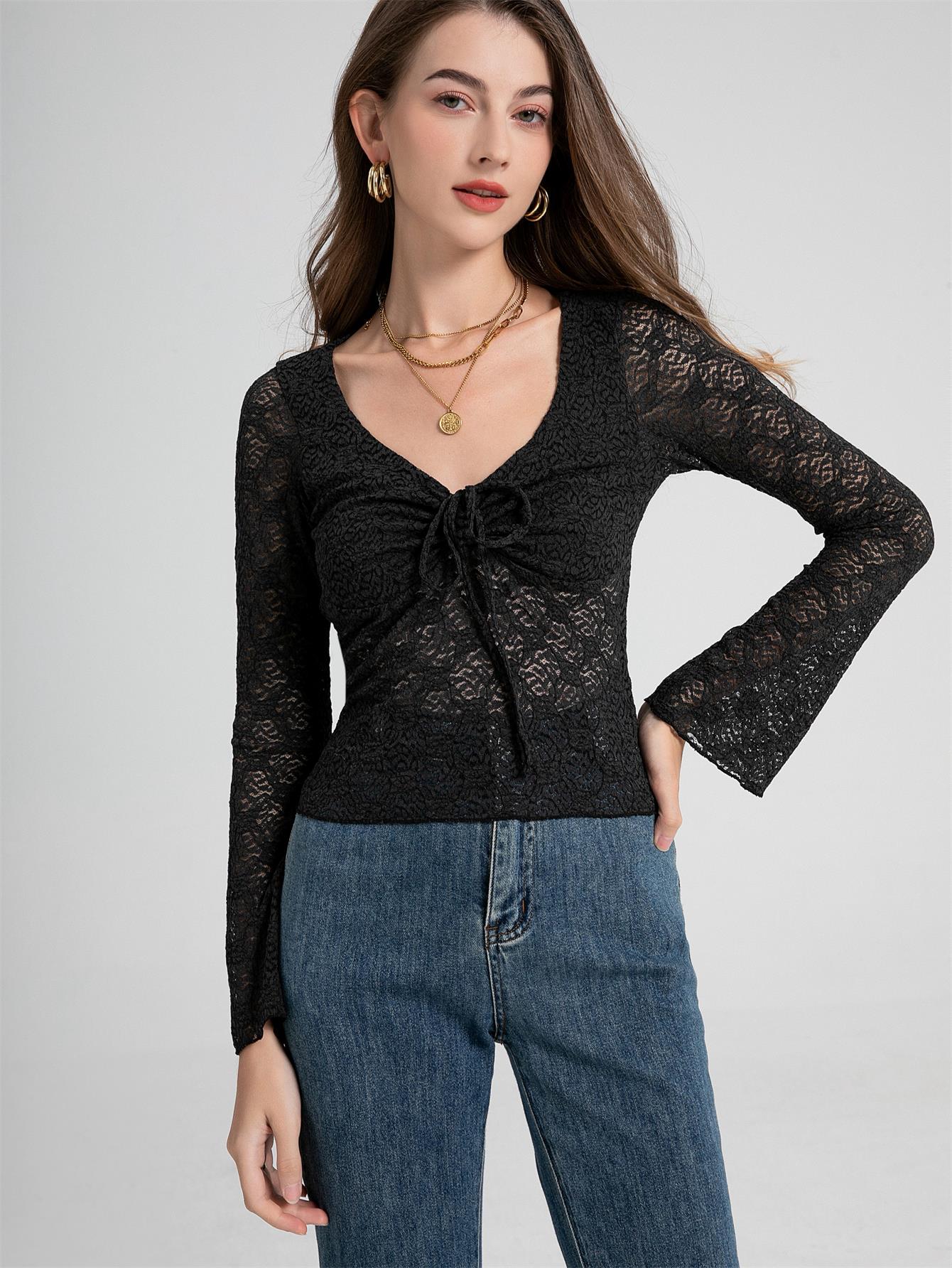 Long Sleeve Lace Floral Semi-Sheer Top