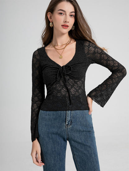 Long Sleeve Lace Floral Semi-Sheer Top