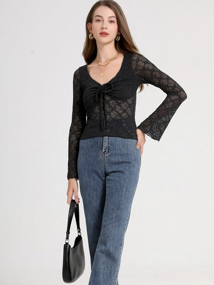 Long Sleeve Lace Floral Semi-Sheer Top