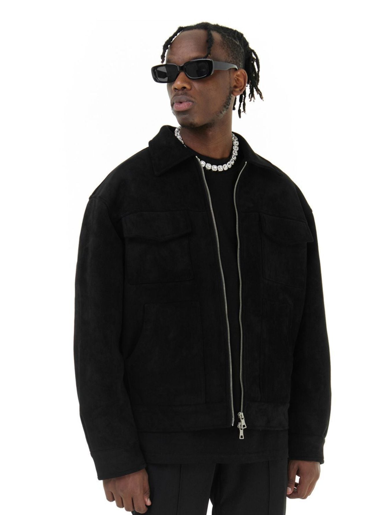 Vintage High Street Suede Material Crock Jacket with Zipper Lapel Short Jacket for Men