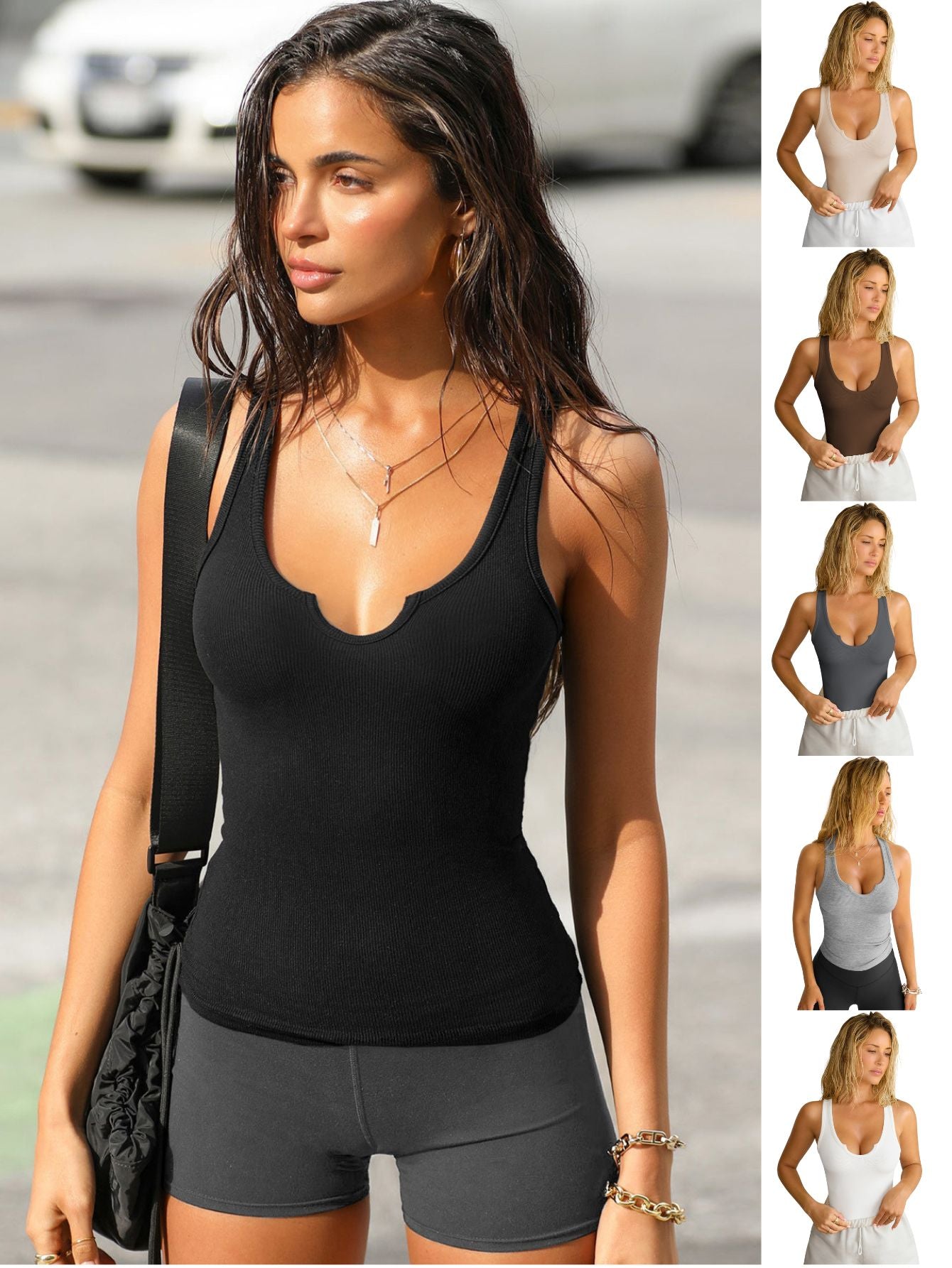 Model wearing sexy summer ribbed camisole with V neckline - streetwear look