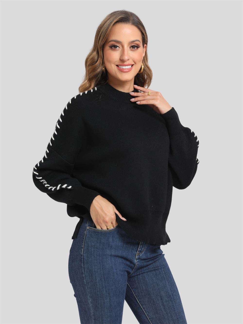 Women's Knit Sweater with Ribbed Cuffs and Side Slits
