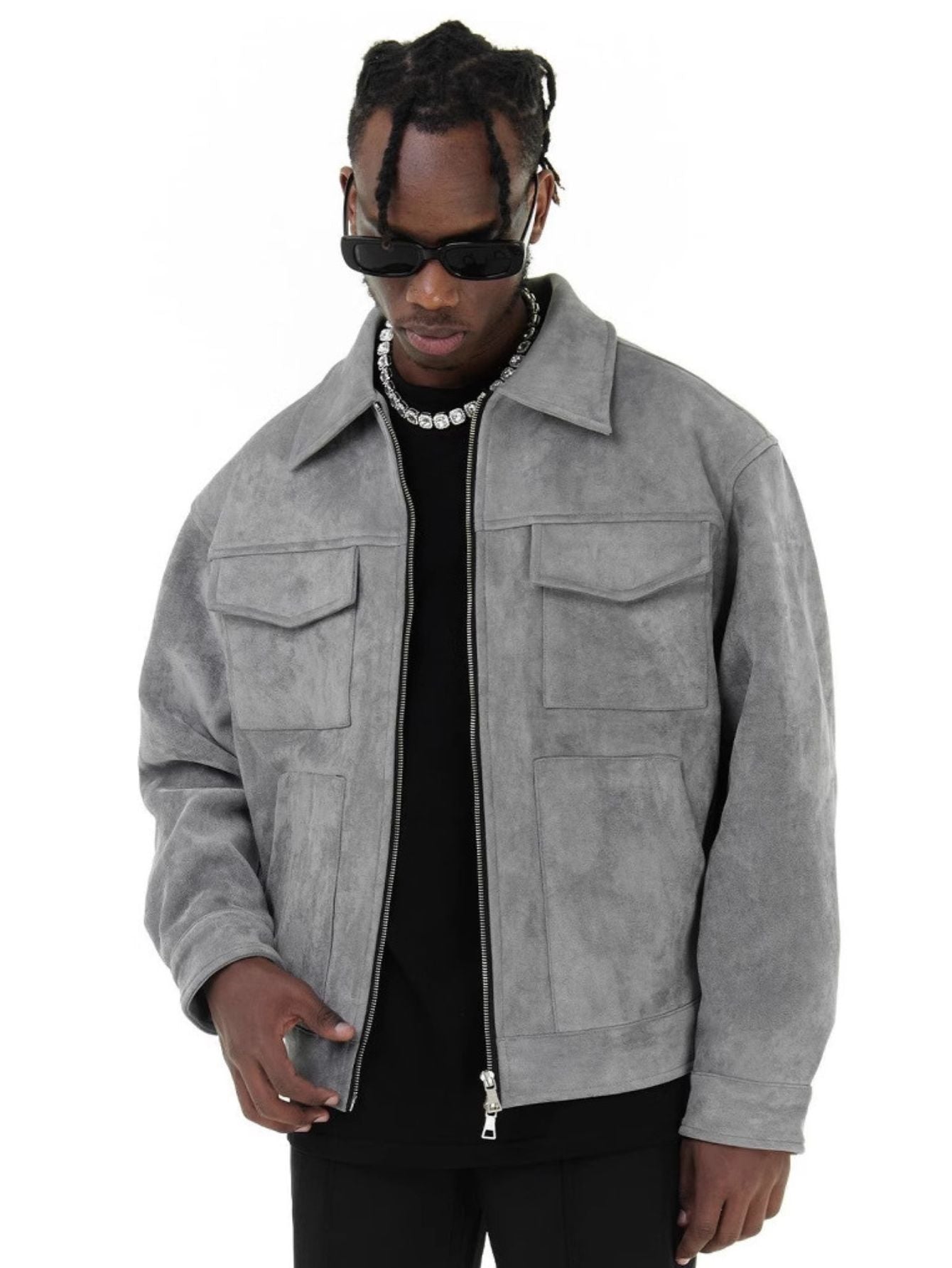 Men's vintage suede cropped jacket with zipper and lapel