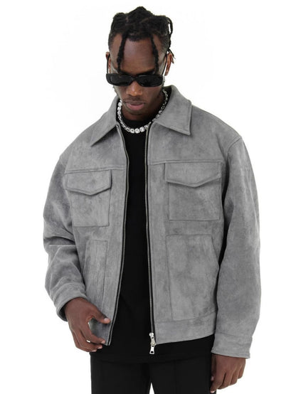 Men's vintage suede cropped jacket with zipper and lapel