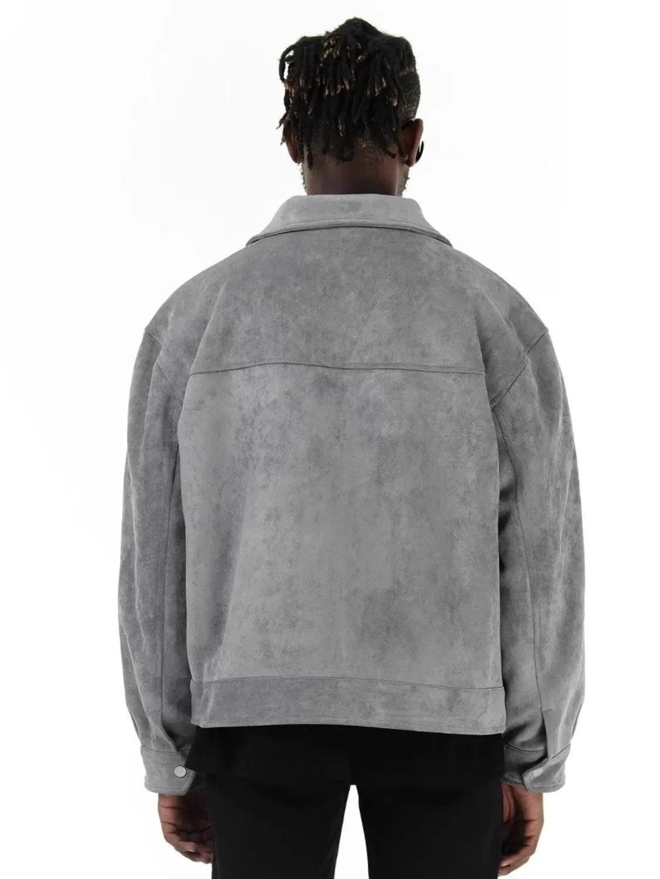 Back view of cropped utility jacket with 6 pockets