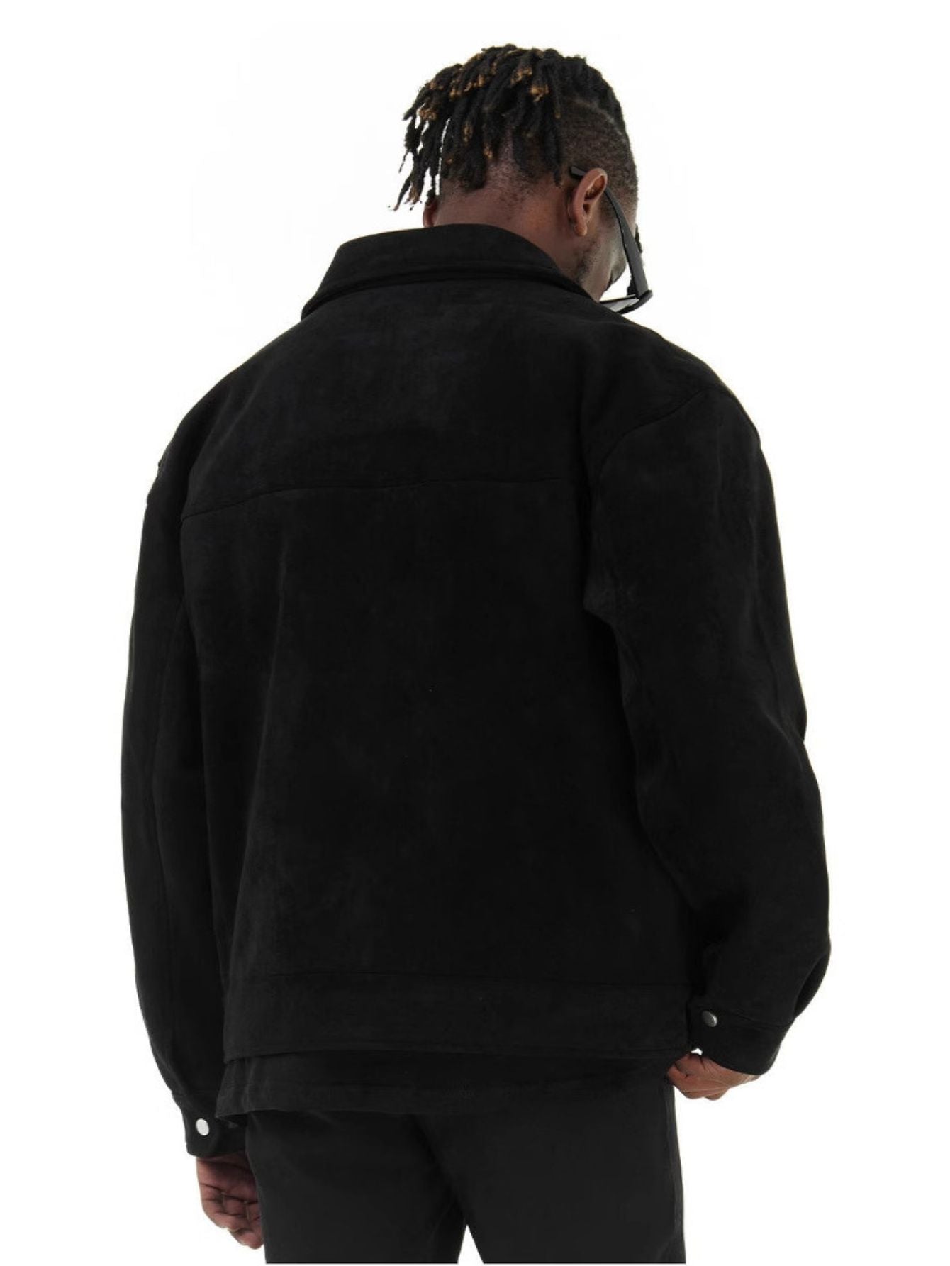 Back view of cropped utility jacket with 6 pockets