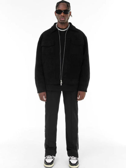 Vintage High Street Suede Material Crock Jacket with Zipper Lapel Short Jacket for Men