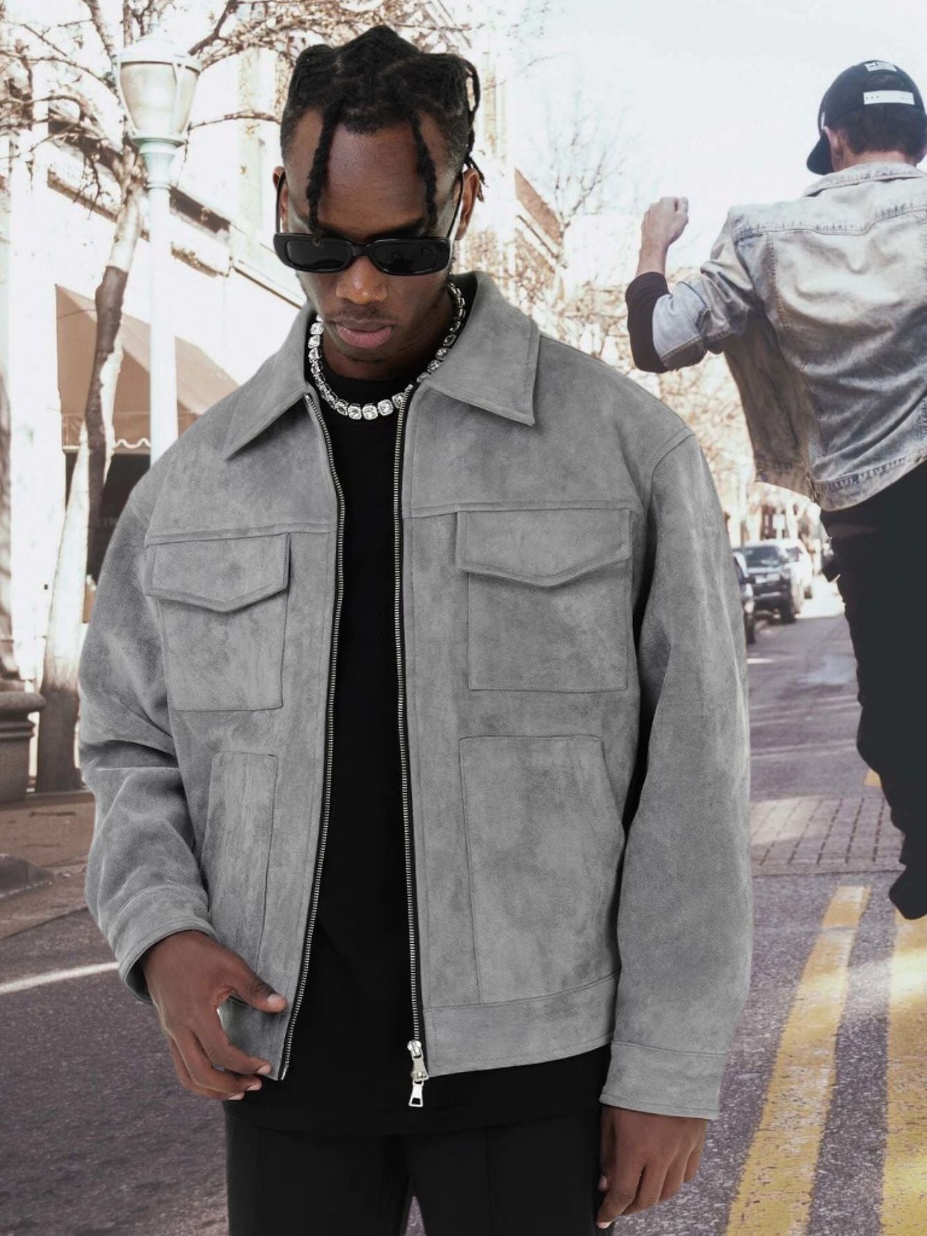 Vintage High Street Suede Material Crock Jacket with Zipper Lapel Short Jacket for Men