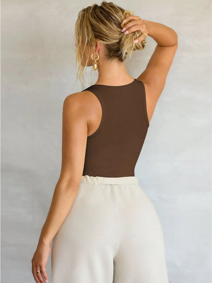 Back view of slim fit ribbed tank top - stretchy and flattering