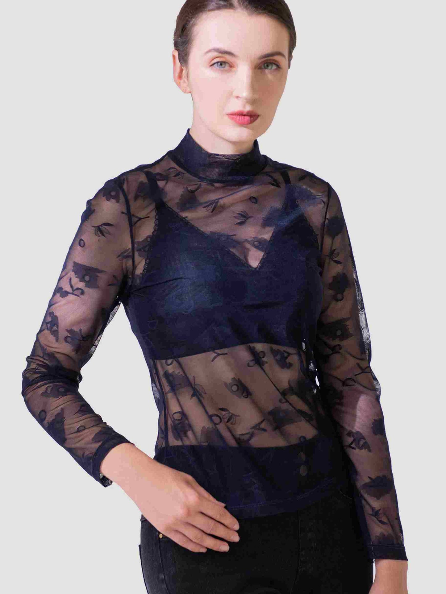 long sleeve sheer lace top floral embroidery
