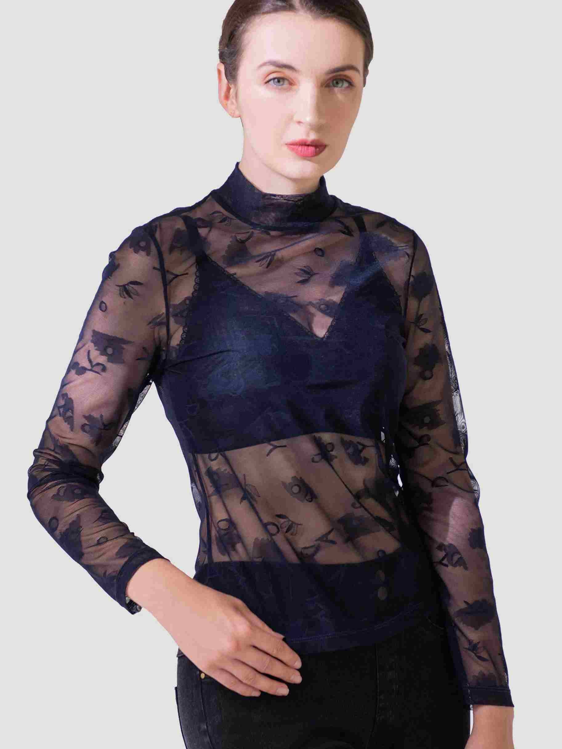 long sleeve sheer lace top floral embroidery