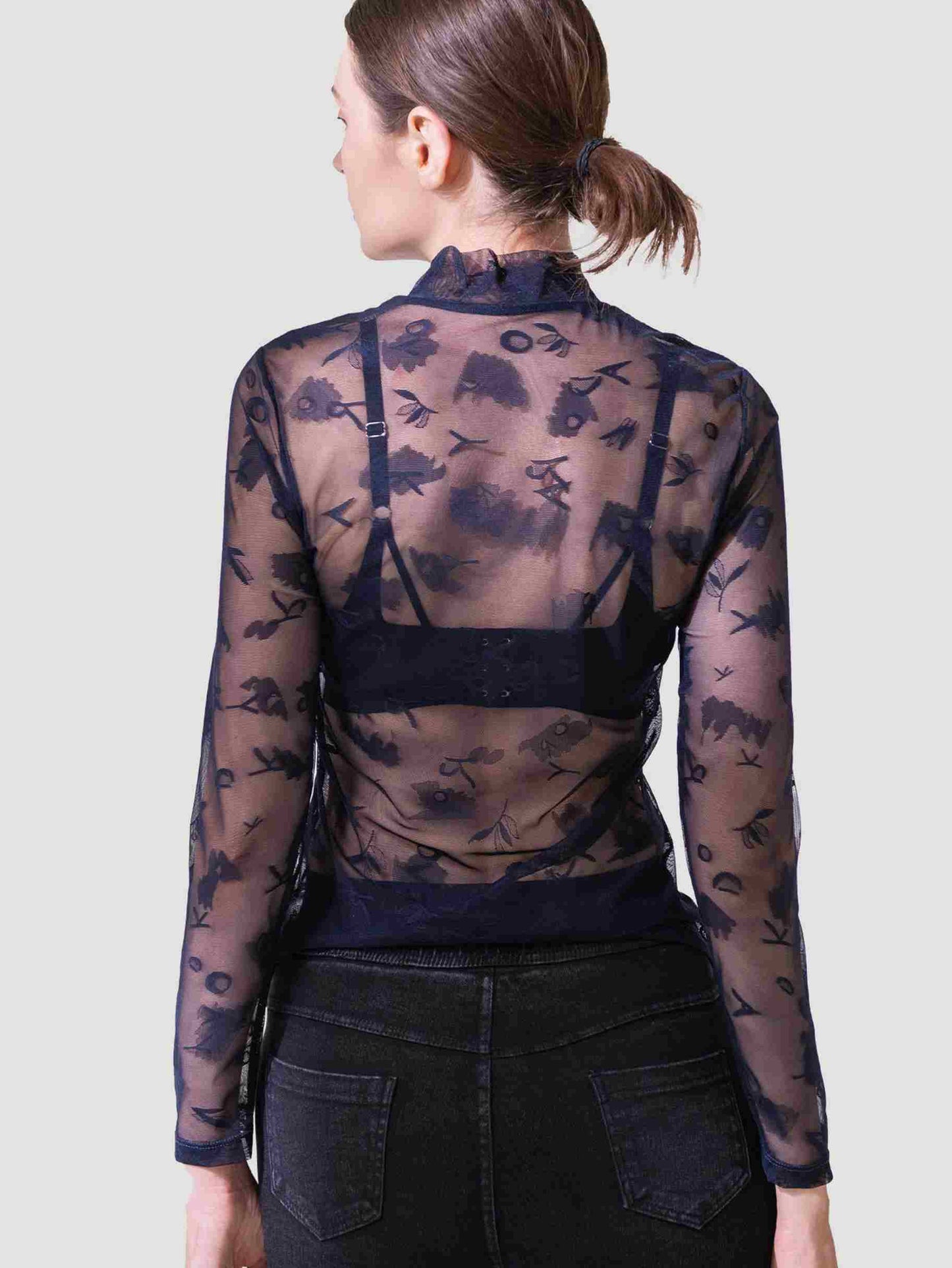 mock neck sheer lace top women
