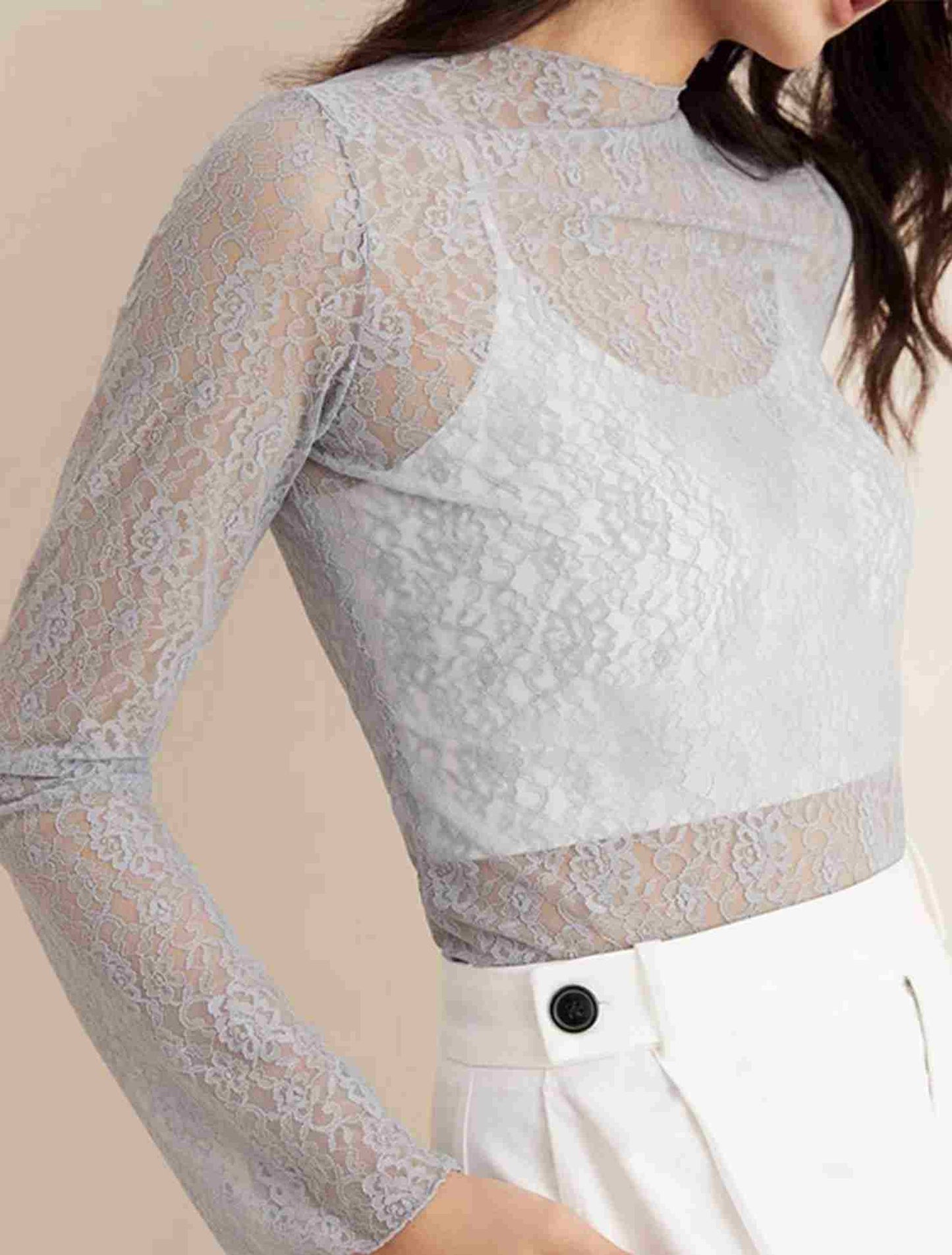 Grey see through long sleeve lace top outfit inspiration